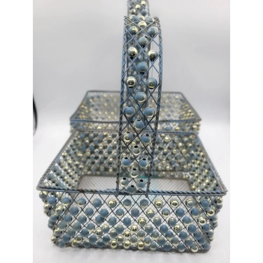 Vintage Beaded Wire Mesh Basket Set 2pc Blue Gold Cottagecore Decorative Storage
